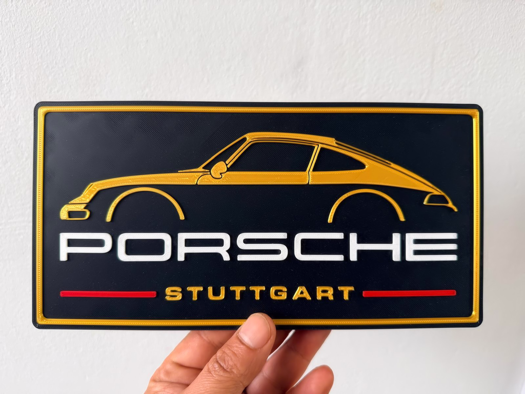 Porsche Inspired Stuttgart Wall Plaque, Black Gold & Red, 24cm