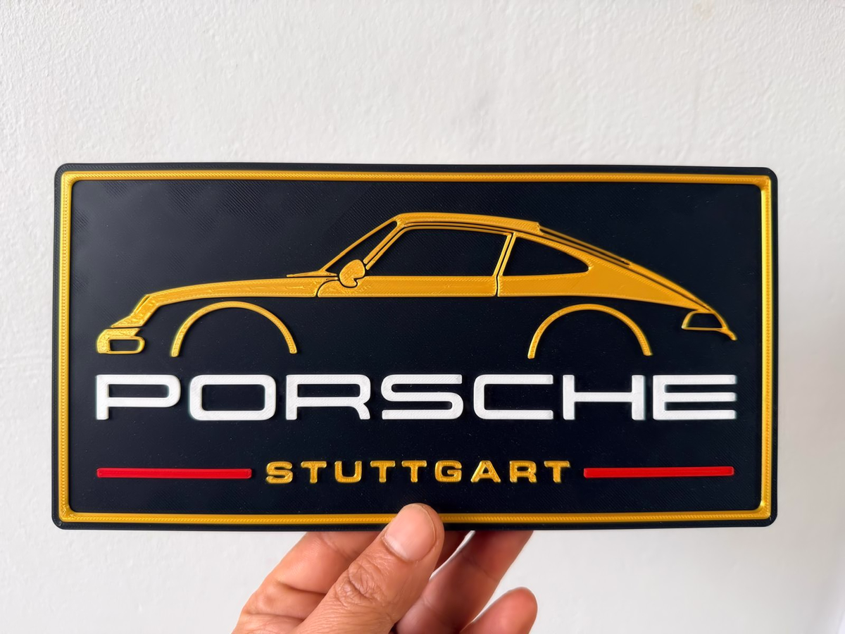 Porsche Inspired Stuttgart Wall Plaque, Black Gold & Red, 24cm