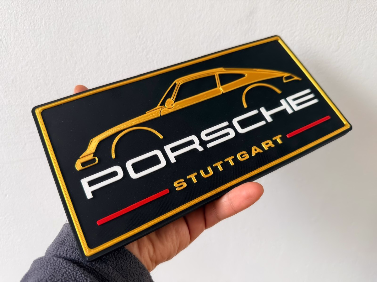 Porsche Inspired Stuttgart Wall Plaque, Black Gold & Red, 24cm