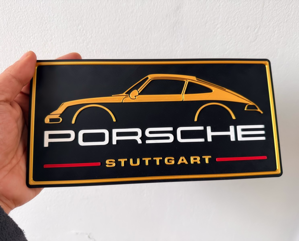 Porsche Inspired Stuttgart Wall Plaque, Black Gold & Red, 24cm