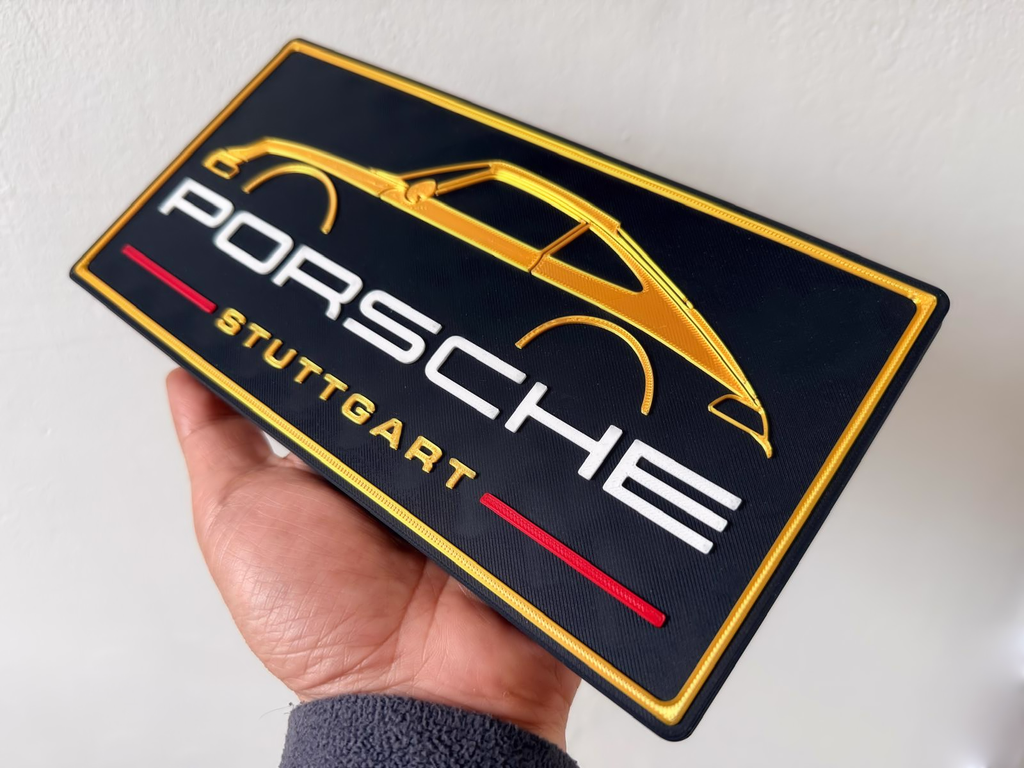 Porsche Inspired Stuttgart Wall Plaque, Black Gold & Red, 24cm
