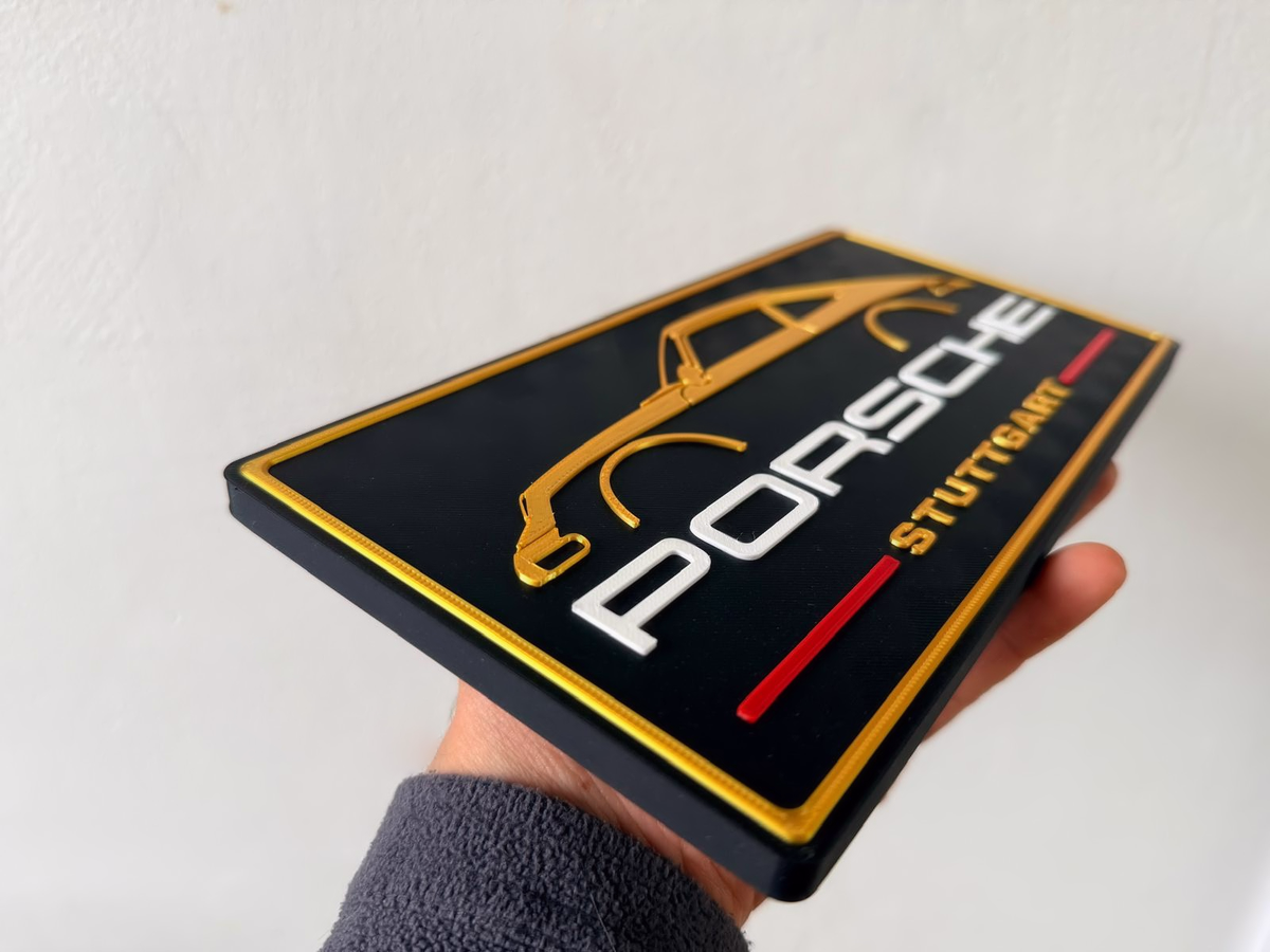 Porsche Inspired Stuttgart Wall Plaque, Black Gold & Red, 24cm