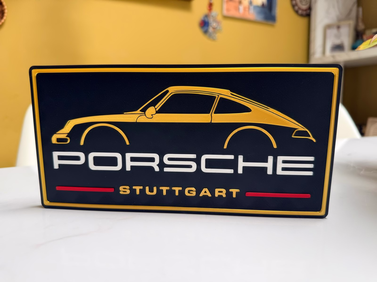 Porsche Inspired Stuttgart Wall Plaque, Black Gold & Red, 24cm