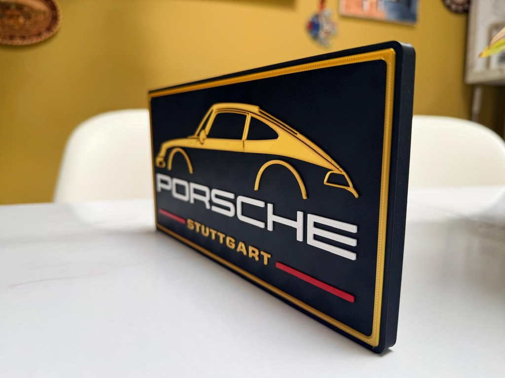 Porsche Inspired Stuttgart Wall Plaque, Black Gold & Red, 24cm